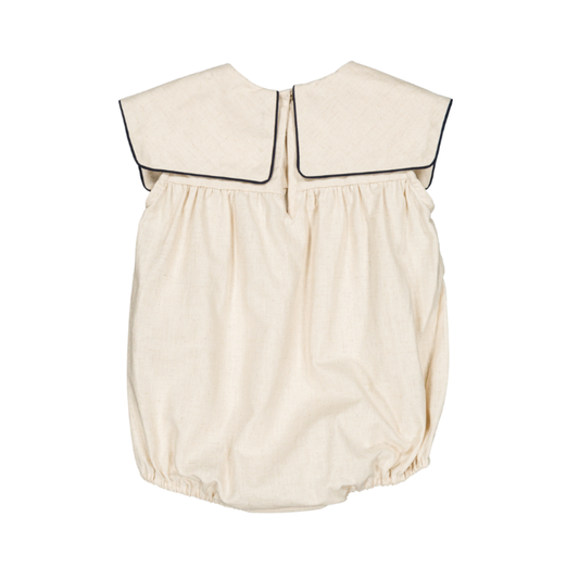Melchior Romper flat lay back view, baby boy romper in cotton-linen blend — Willowby, sizes 6–18 months