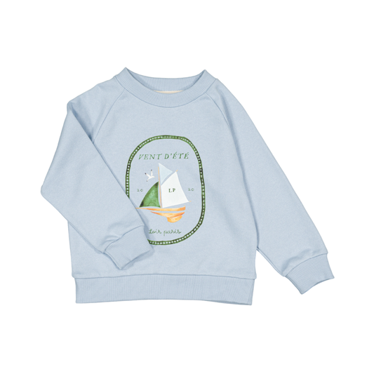 Pale Blue Crew neck sweater flat lay, baby boy cotton crewneck, boat logo — Willowby, sizes 6–18 months