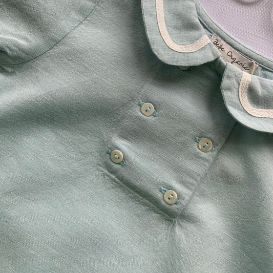 Malo Shirt and Shorts flat lay, baby boy cotton shirt close up, Peter pan collar, button detail — Willowby, sizes 6–18 months