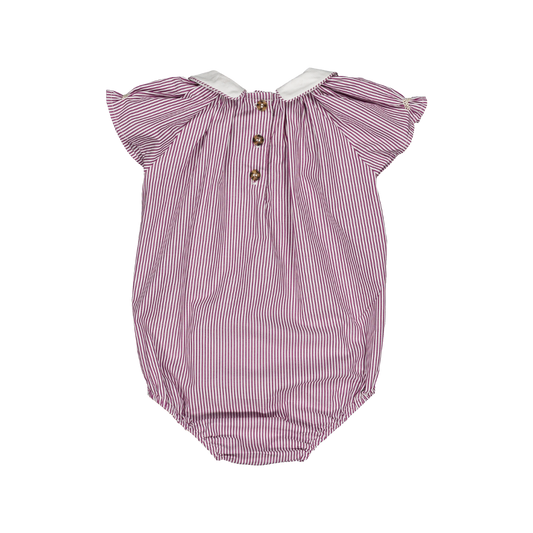 Bilbao Romper product shot, back view, burgundy striped cotton baby girl romper — Willowby