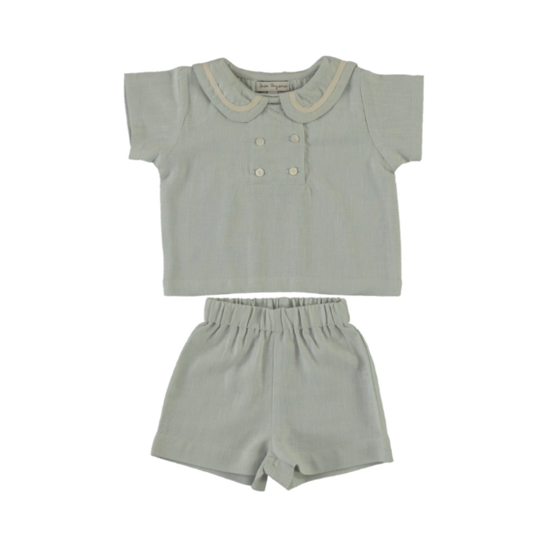 Malo Shirt and Shorts flat lay, baby boy cloud blue cotton shirt and shorts set — Willowby, sizes 6–18 months