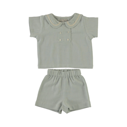 Malo Shirt and Shorts flat lay, baby boy cloud blue cotton shirt and shorts set — Willowby, sizes 6–18 months