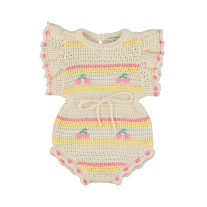 Paloma Romper in crochet cotton with pink cherry motifs and butterfly sleeves — Bebe Organic baby girl romper, sizes 6–18 months — Willowby