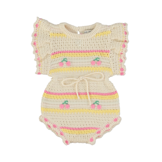 Paloma Romper in crochet cotton with pink cherry motifs and butterfly sleeves — Bebe Organic baby girl romper, sizes 6–18 months — Willowby