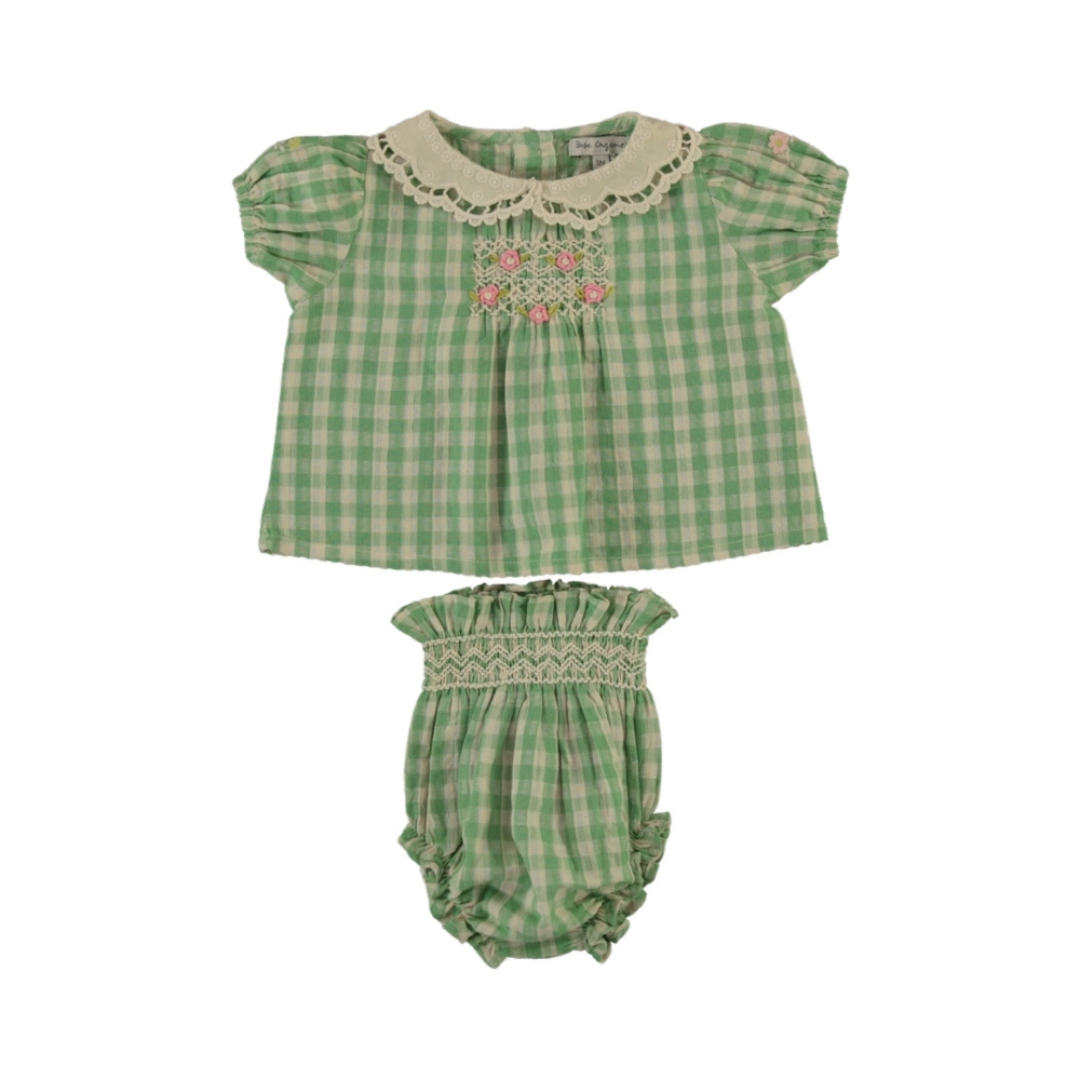 Tilia Top and Bloomers flat lay, baby girl green check  cotton top and bloomers set — Willowby, sizes 6–18 months
