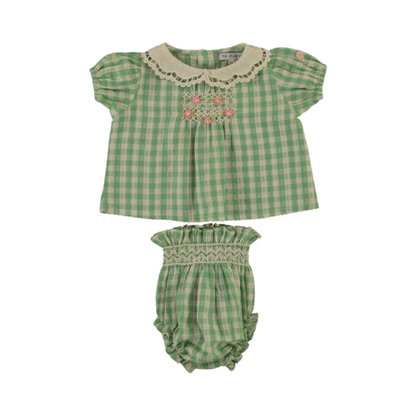 Tilia Top and Bloomers flat lay, baby girl green check  cotton top and bloomers set — Willowby, sizes 6–18 months