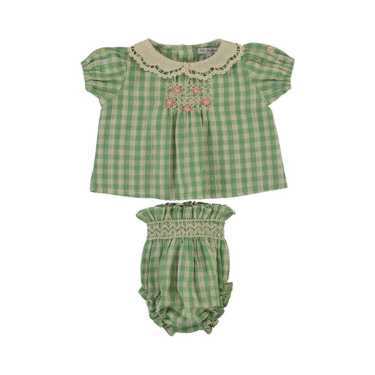 Tilia Top and Bloomers flat lay, baby girl green check  cotton top and bloomers set — Willowby, sizes 6–18 months