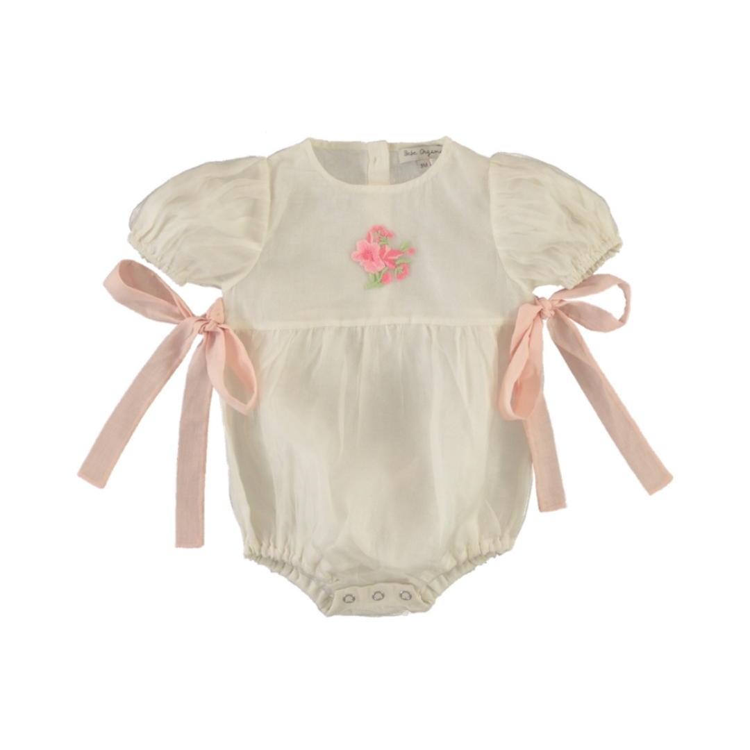 Rose Romper flat lay, baby girl romper, bow details and embroidery — Willowby, sizes 6–18 months