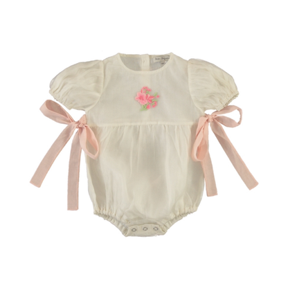 Rose Romper flat lay, baby girl romper, bow details and embroidery — Willowby, sizes 6–18 months