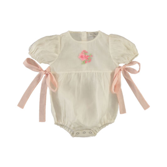 Rose Romper flat lay, baby girl romper, bow details and embroidery — Willowby, sizes 6–18 months