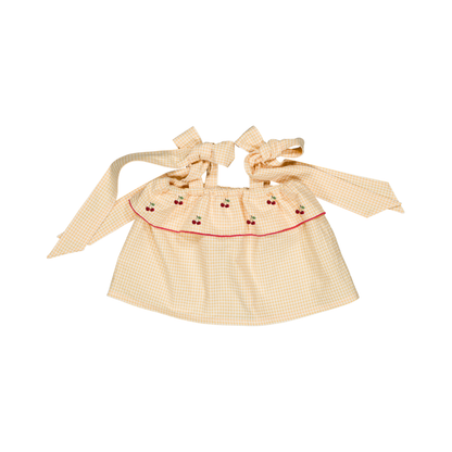 Castille Top flat lay, baby girl yellow gingham cotton top, cherry embroidery — Willowby, sizes 6–18 months