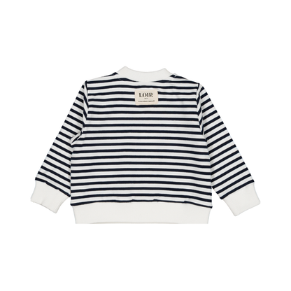 Baby boy striped crew neck sweatshirt ,back view, cotton navy and white stripe — Willowby