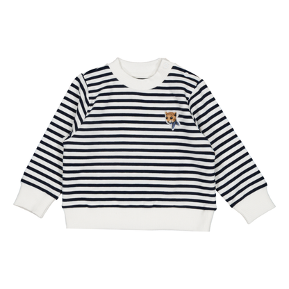 Striped Crew neck sweater flat lay, baby boy cotton crewneck— Willowby, sizes 6–18 months