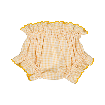 Leonor Bloomer flat lay, baby girl yellow gingham cotton bloomers, scalloped edge— Willowby, sizes 6–18 months 