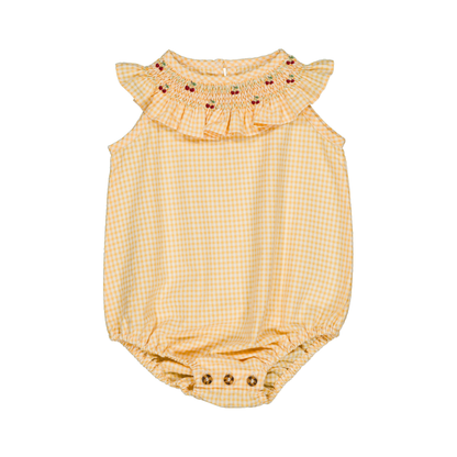 Marta Romper flat lay, baby girl romper in yellow gingham cotton — Willowby, sizes 6–18 months