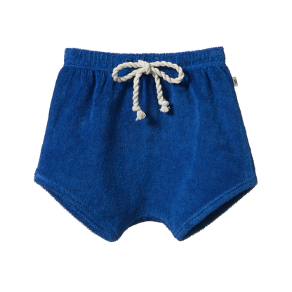 Terry Shorts flat lay, baby boy blue organic cotton terry shorts — Willowby, sizes 6–18 months