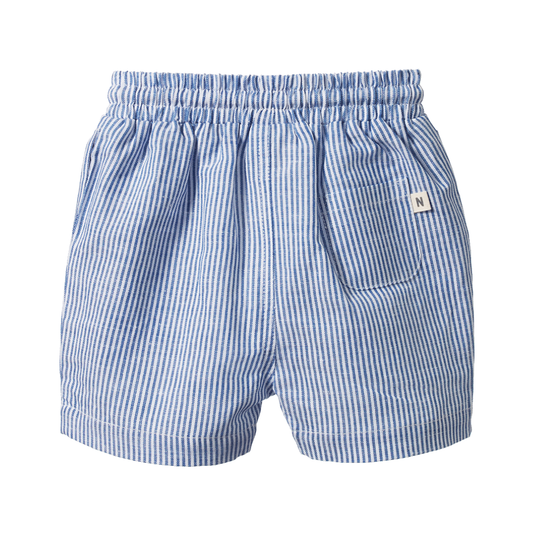 James Shorts flat lay, baby boy organic cotton shorts, blue and white stripe, back view, pocket detail  — Willowby, sizes 6–18 months