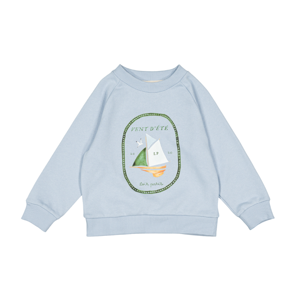 Pale Blue Crew neck sweater flat lay, baby boy cotton crewneck, boat logo — Willowby, sizes 6–18 months