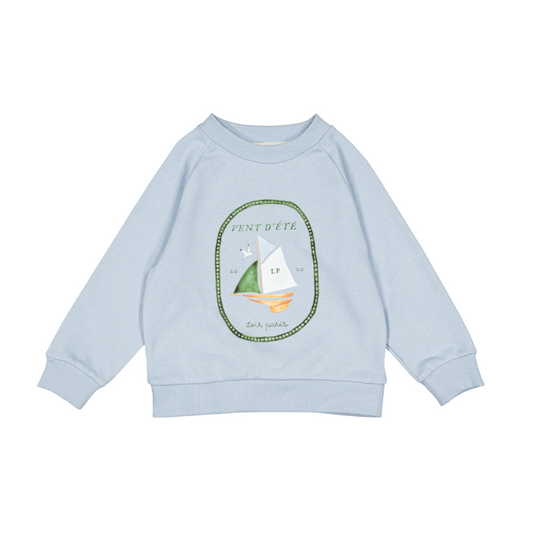 Pale Blue Crew neck sweater flat lay, baby boy cotton crewneck, boat logo — Willowby, sizes 6–18 months