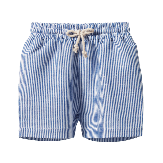 James Shorts flat lay, baby boy organic cotton shorts, blue and white stripe — Willowby, sizes 6–18 months