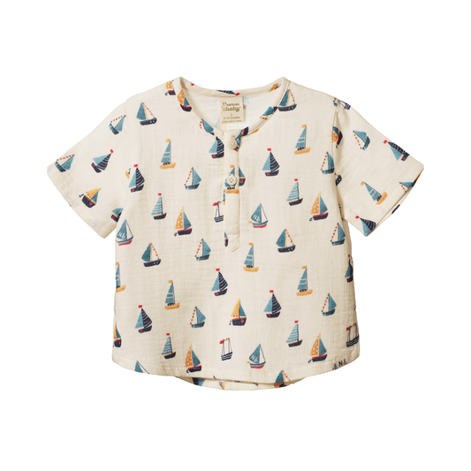 Short Sleeve Caravan Shirt flat lay, baby boy organic cotton henley shirt , boat print— Willowby, sizes 6–18 months