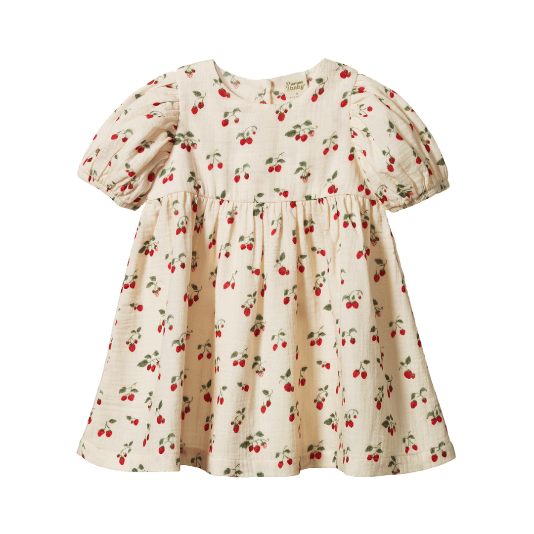 Albertine Dress flat lay, baby girl organic cotton dress, strawberry print — Willowby, sizes 6–18 months