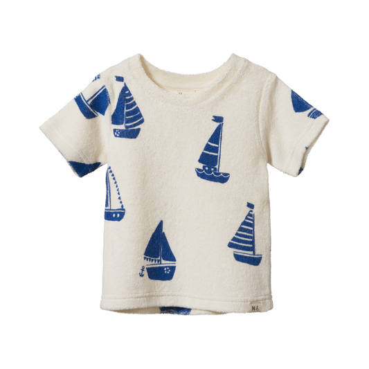 River Terry Tee flat lay, baby boy organic cotton terry t-shirt with boat print — Willowby, sizes 6–18 months