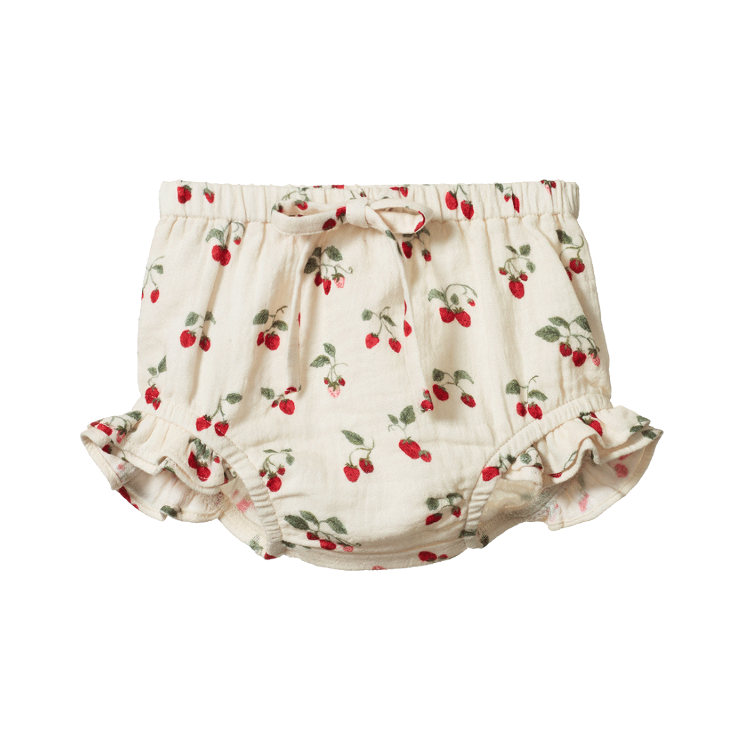Bloomers flat lay, baby girl organic cotton bloomers, strawberry print, adjustable tie, frill detail  — Willowby, sizes 6–18 months