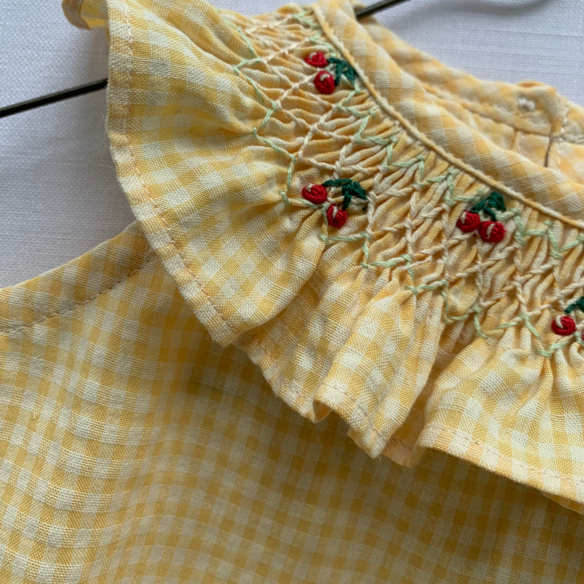 Marta Romper, yellow gingham cotton baby girl romper, embroidery detail — Willowby, sizes 6–18 months
