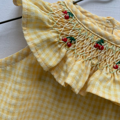 Marta Romper, yellow gingham cotton baby girl romper, embroidery detail — Willowby, sizes 6–18 months
