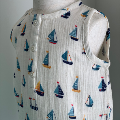 Cedar Suit on mannequin, baby organic cotton romper, button front detail,  boat print— Willowby, sizes 6–18 months
