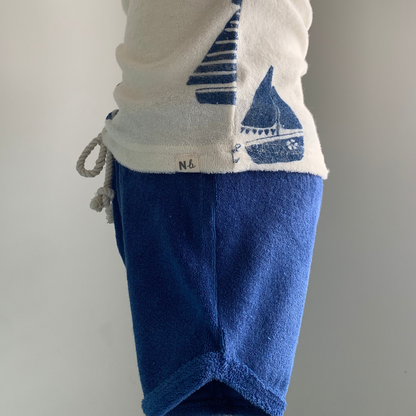 Terry Shorts on mannequin, side view, baby boy blue organic cotton Terry shorts, paired with coordinating t-shirt — Willowby, sizes 6–18 months