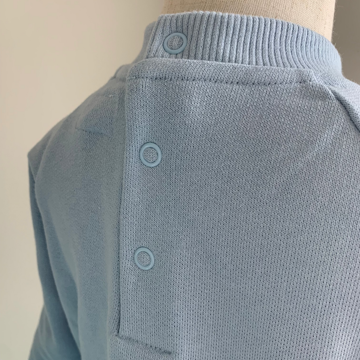 Pale Blue Crew neck sweater, baby boy organic crewneck, back snaps detail— Willowby, sizes 6–18 months