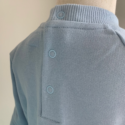 Pale Blue Crew neck sweater, baby boy organic crewneck, back snaps detail— Willowby, sizes 6–18 months