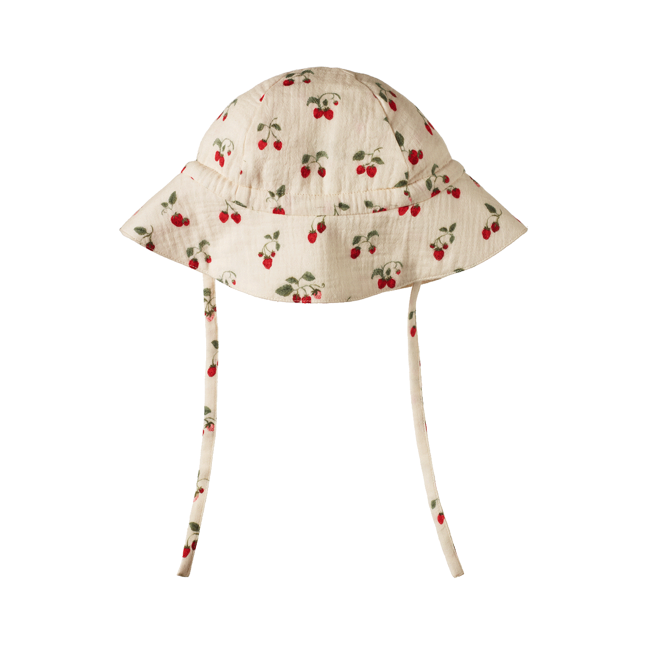 Sun Hat flat lay, back view, baby organic cotton sun hat with brim and  ties, strawberry print — Willowby, sizes 6–18 months