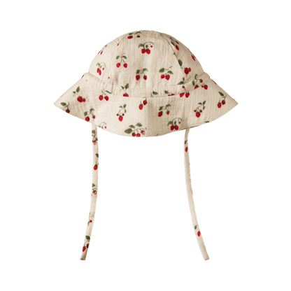 Sun Hat flat lay, back view, baby organic cotton sun hat with brim and  ties, strawberry print — Willowby, sizes 6–18 months