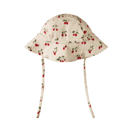 Sun Hat flat lay, back view, baby organic cotton sun hat with brim and  ties, strawberry print — Willowby, sizes 6–18 months