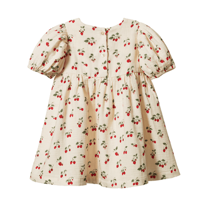 Albertine Dress flat lay, baby girl organic cotton dress, strawberry print, back view, button detail  — Willowby, sizes 6–18 months