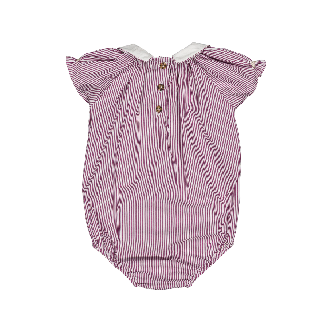 Bilbao Romper product shot, back view, burgundy striped cotton baby girl romper — Willowby