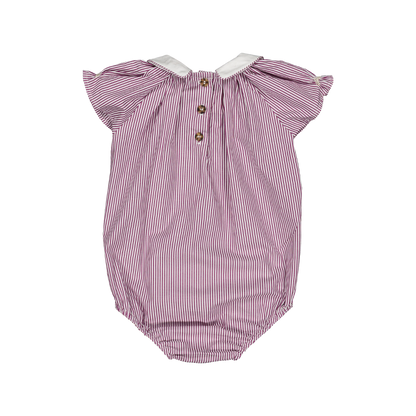 Bilbao Romper product shot, back view, burgundy striped cotton baby girl romper — Willowby